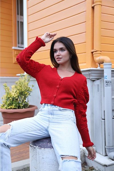 BEJNA Roter Strick-Cardigan – Damen, Ärmeldetails