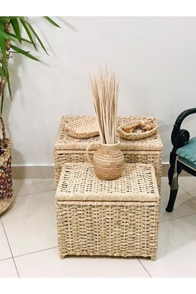 Savana El Yapımı Sanatları Sativus Ahşap Ve Hasır Sehpa 2'li Set (KAPAKLI SAN...