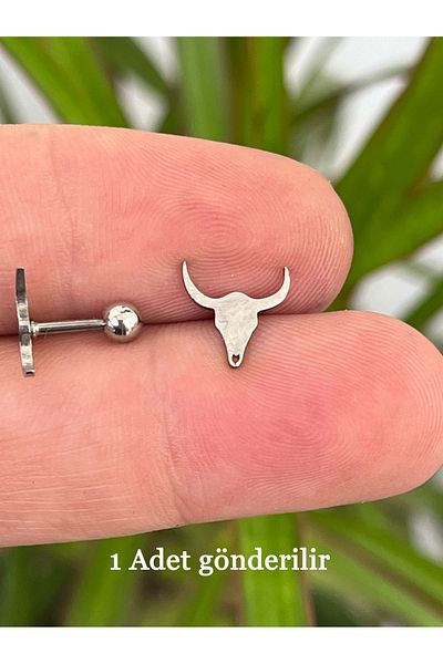Karınca Piercing Silver Colored Bull Surgical Piercing - Tragus Helix Lip Cartilage Flat Ear Earrings