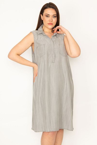 Şans Women's Gray Fabric Front Buttoned Dress with Embroidery and Pocket Detail 65N22244