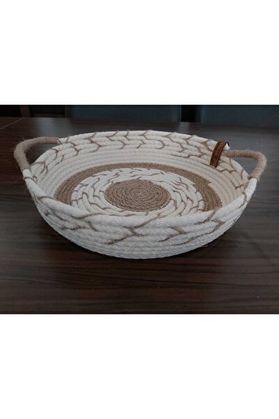 Kulplu Hasır Sepet Düzenleyici Dekorasyon Organizer Mutfak Sunum Moda (Ekru Hasır) - 27x6cm