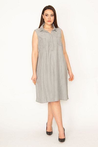 Şans Women's Gray Fabric Front Buttoned Dress with Embroidery and Pocket Detail 65N22244