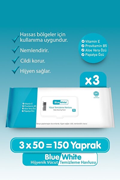 Bluewhite Yetişkin Hasta Vücut Temizleme Mendil 3'lü Set 50 Yaprak