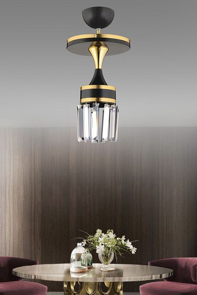 SONSUZ AYDINLATMA&AVİZE Tokyo Single Black Pendant Lamp Crystal Stone Yellow Strip Cylinder Downward Facing Luxury Chandelier