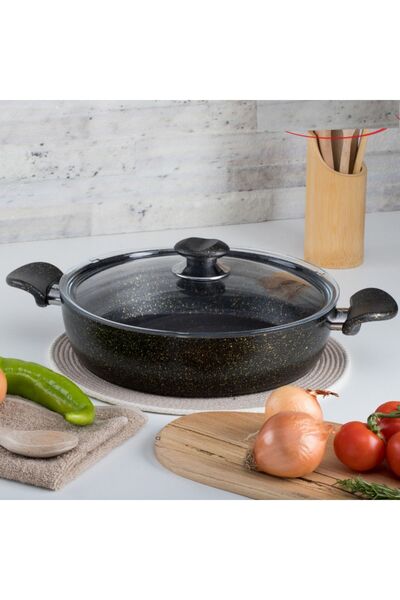 Evren 26 Cm Gold Stone Ezme Seri Basık Tencere, Non-stick Pilav Karnıyarık Te...