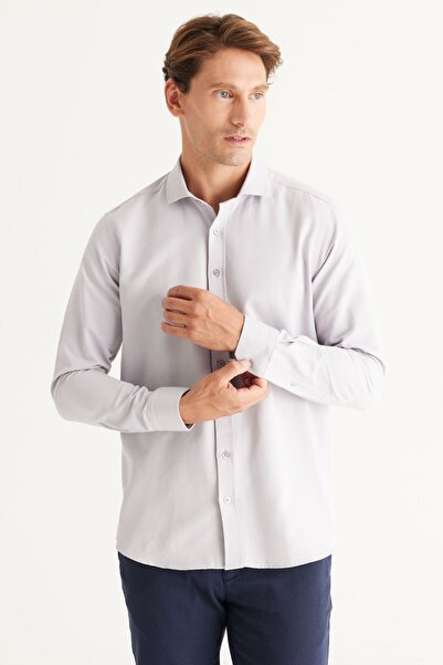 AC&Co / Altınyıldız Classics Men's Gray Slim Fit Narrow Cut Italian Collar Dobby Shirt