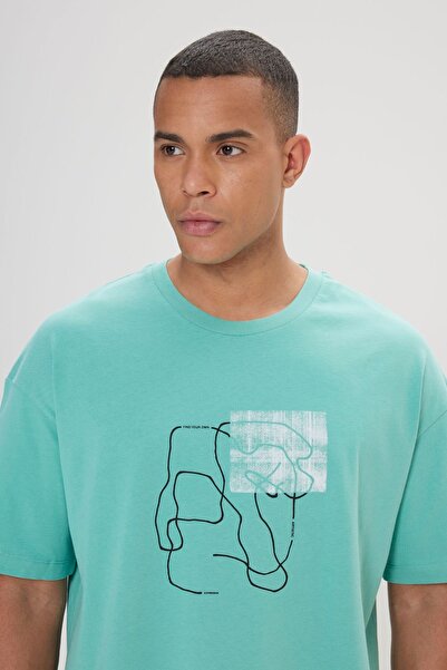 AC&Co / Altınyıldız Classics Ανδρικό μπλουζάκι μέντα Oversize Loose Cut Crew Neck 100% βαμβάκι με στάμπα