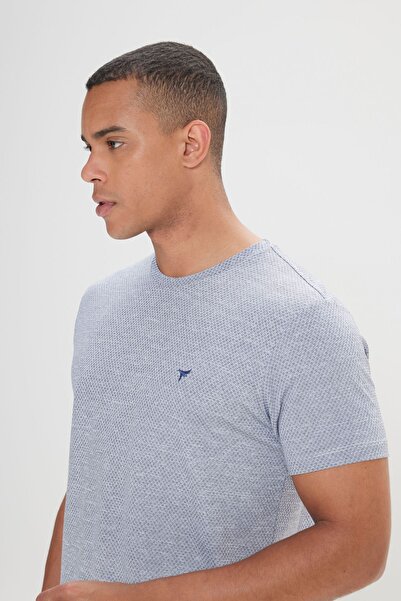 AC&Co / Altınyıldız Classics Pánské tmavě modrobílé žakárové tričko Slim Fit Slim Fit Crew Neck Easy-Iron