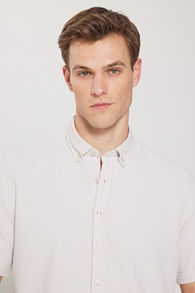 AC&Co / Altınyıldız Classics Férfi bézs karcsú, keskeny szabású gombos galléros Seersucker mintás ing