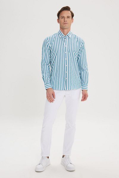AC&Co / Altınyıldız Classics Men's Green White Slim Fit Slim Fit Hidden Button Collar Cotton Shirt