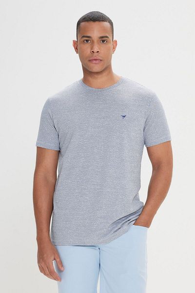 AC&Co / Altınyıldız Classics Pánské tmavě modrobílé žakárové tričko Slim Fit Slim Fit Crew Neck Easy-Iron