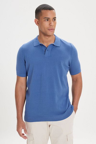 AC&Co / Altınyıldız Classics Erkek Lacivert Standart Fit Normal Kesim Polo Yaka %100 Pamuk Desenli Kısa Kollu Triko Tişört