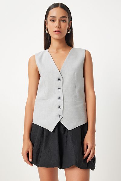 Happiness İstanbul Gray Viscose V-Neck Women's Vest - TO00145