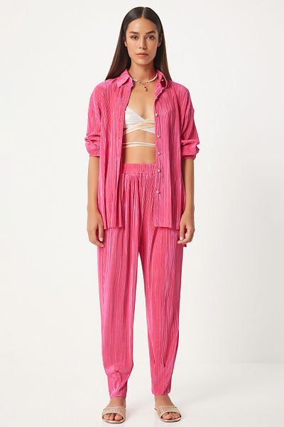 Happiness İstanbul Pink Women's Shirt and Trousers Set - Buttoned and Pleated FN03235