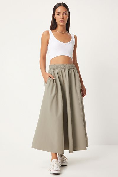 Happiness İstanbul Stone Gray Linen Maxi Women's Skirt - GP00011