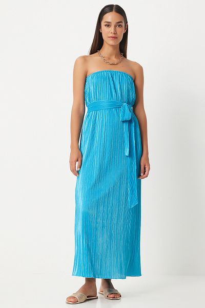 Happiness İstanbul Light Blue Strapless Pleated Dress - Belted, FN03237