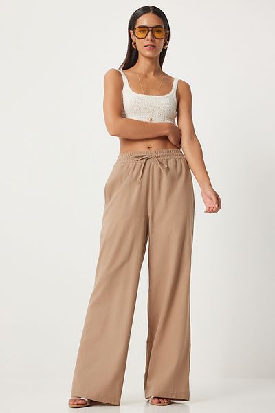 Happiness İstanbul Linen Women's Trousers DP00205 - Loose Cut Biscuit
