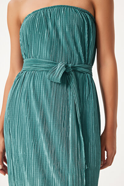 Happiness İstanbul Πράσινο Στράπλες Πλισέ Φόρεμα - Ζώνη, FN03237