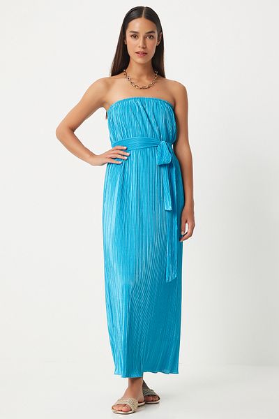 Happiness İstanbul Light Blue Strapless Pleated Dress - Belted, FN03237