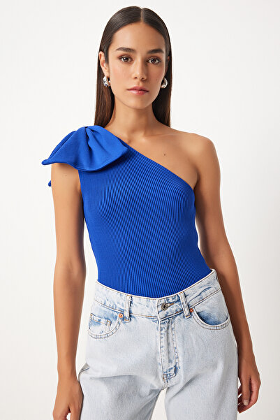 Happiness İstanbul Modrá dámská halenka s mašlí na jedno rameno - PF00075