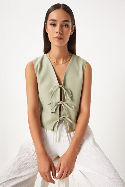 Happiness İstanbul Green Linen Women's Vest - Bow Detailed GP00010