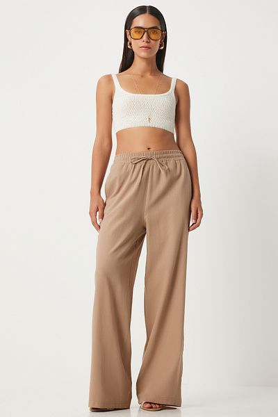 Happiness İstanbul Linen Women's Trousers DP00205 - Loose Cut Biscuit