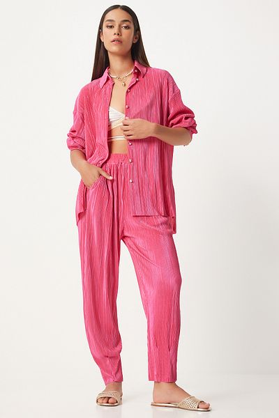 Happiness İstanbul Pink Women's Shirt and Trousers Set - Buttoned and Pleated FN03235