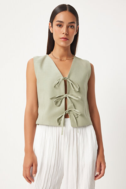 Happiness İstanbul Green Linen Women's Vest - Bow Detailed GP00010