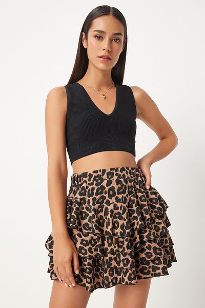 Happiness İstanbul Schwarz-beiger Mini-Shortsrock mit Leopardenmuster - KQ00004