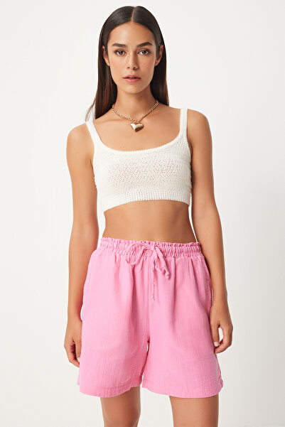 Happiness İstanbul Růžové mušelínové dámské šortky – kapsy, MX00168