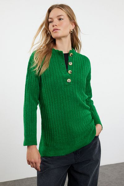 Trendyol Modest Πράσινο Πλεκτό Πουλόβερ με απαλή υφή - Πλεκτό Θεσσαλονίκης, με κουμπιά TCTAW25AK00027