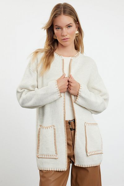 Trendyol Modest Λεπτομερής ζακέτα πουλόβερ Shepherd's Stitch Colored Camel Stone - TCTAW25TH00003