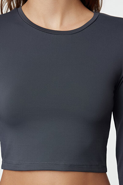 Trendyol Collection Antracitová pletená halenka s dlouhým rukávem a výstřihem – přiléhající na tělo, polyamid TWOAW25BZ00010