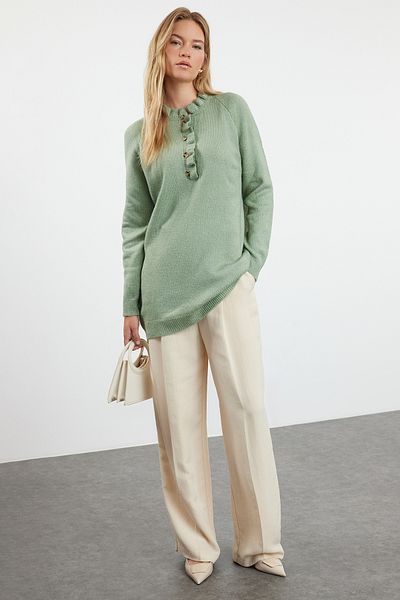Trendyol Modest Πλεκτό πουλόβερ με γιακά με μέντα - με κουμπιά TCTAW25AK00028
