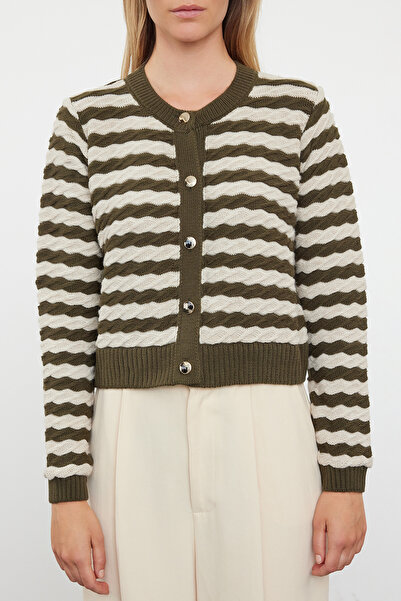 Trendyol Collection Zielony, prążkowany, dzianinowy kardigan w paski - wygląd kurtki Twoaw24Hi00293