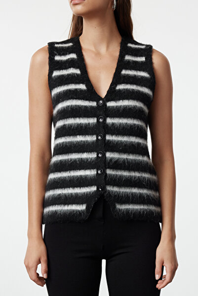 Trendyol Collection Смугастий м'який чорний жилет з V-подібним вирізом TWOAW25YE00034