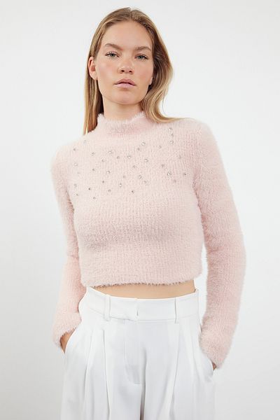 Trendyol Collection Powder Crop Knitwear Sweater with Bead Detail - Soft Texture TWOAW25KZ00143