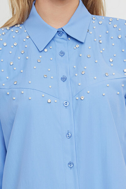 Trendyol Modest Kék szőtt ing kővel - TCTSS24TG00080