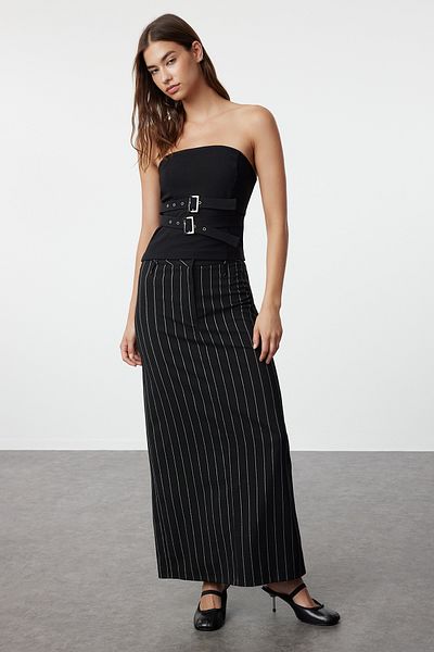 Trendyol Collection Μαύρη διπλή ζώνη στράπλες υφαντή μπλούζα TWOAW25BZ00042