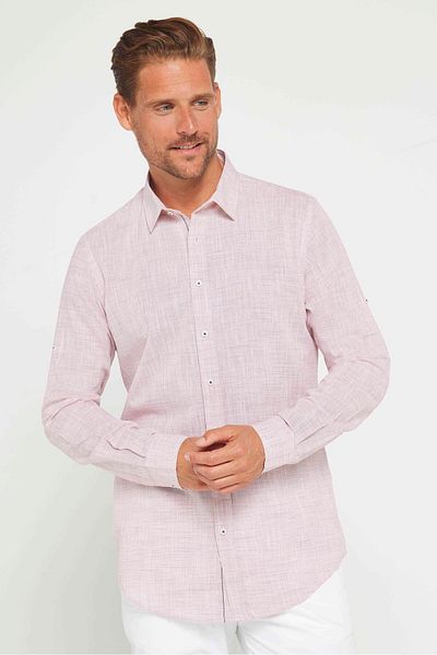 Tudors Ανδρικό πουκάμισο Claret Red - Slim Fit, μακρυμάνικο, 100% βαμβακερό λινό, επωμίδα