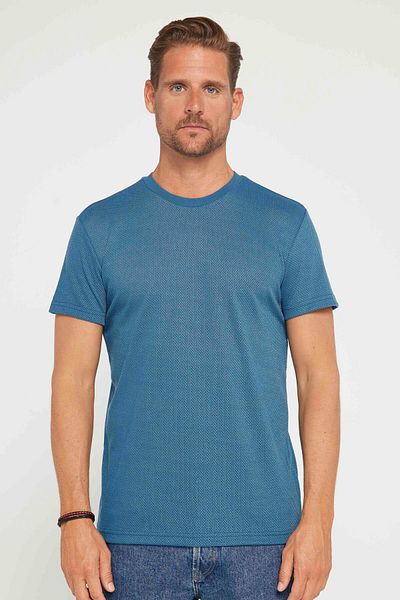 Tudors Ανδρικό μπλουζάκι Indigo με ελαστικό ύφασμα Slim Fit - Crew Neck