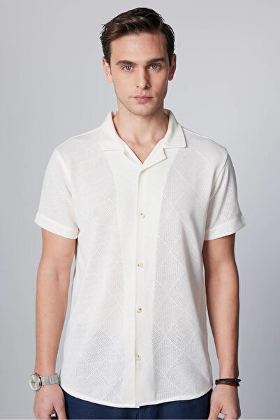 Tudors White Slim Fit Square Patterned Knitted Shirt - Short Sleeve, Breathable, Apache Collar