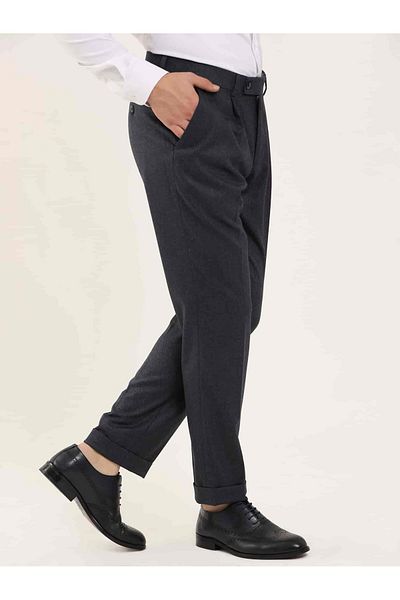 Dufy Navy Blue Men's Slim Fit Herringbone Patterned Classic Trousers - 97704