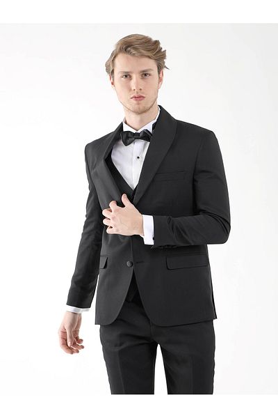 Dufy Black Men's Slim Fit Straight Pointed Collar Tuxedo Suit - 92425