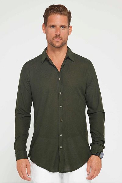 Tudors Χακί Χρώμα Slim Fit Αθλητικό Πουκάμισο Πέτο - Μακρυμάνικο, Πλεκτό Ύφασμα