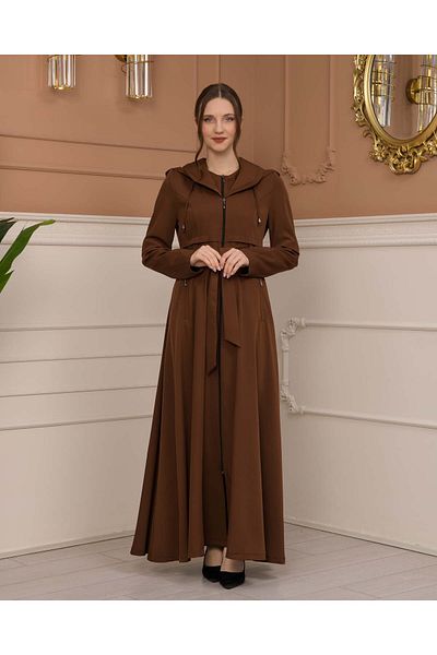 Modamix Hooded Zippered Hijab Coat with Pleated Collar - 1225