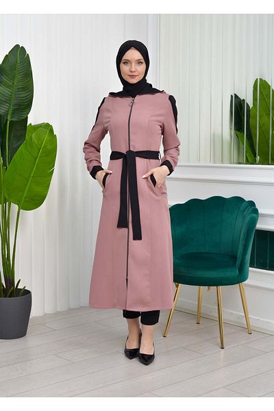 Modamix HOODED BELT HIJAB SHORT TRENCH COAT -1210