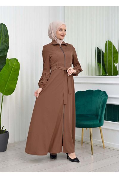 Modamix Front Zippered Hooded-Belted Flared Hijab Top Coat 1206