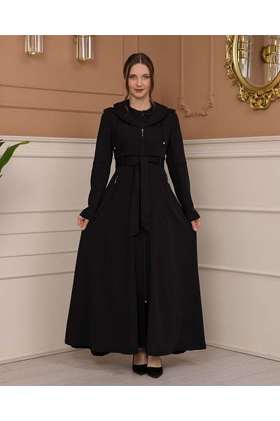 Modamix Hooded Zippered Hijab Coat with Pleated Collar - 1225