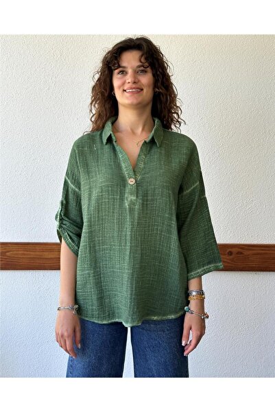 ByEnBi Khaki Muslin Stone Detailed Blouse - Single Button, Collar Std